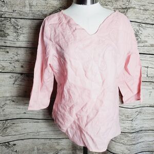 Caribbean Joe Embroidered Beaded Women’s Linen Top Pink ¾ Sleeve Size PM